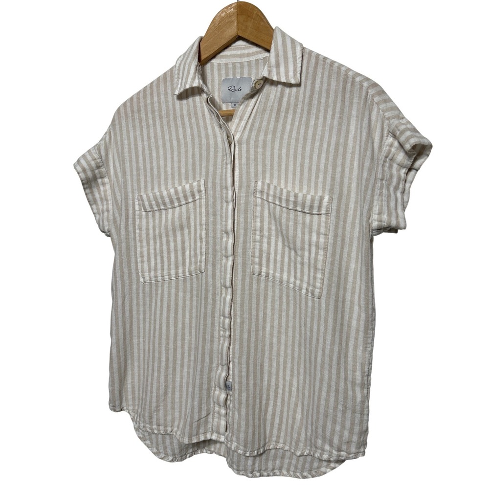 Rails Striped Short Sleeve Button Up Shirt Beige White Casual Women's Sie XS EUC